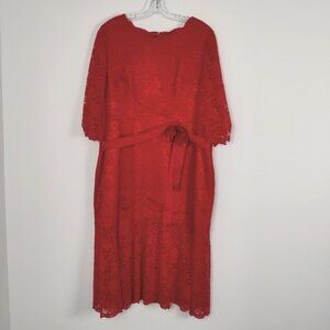 Red Lace Midi Dress with Belt - Elbow Sleeves, Scalloped Neckline PTP 20